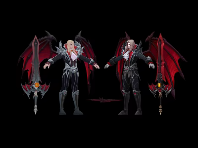 Dark Fantasy Characters With Red Dragon Wings Long Hair And Black Armor Weapons 3d model