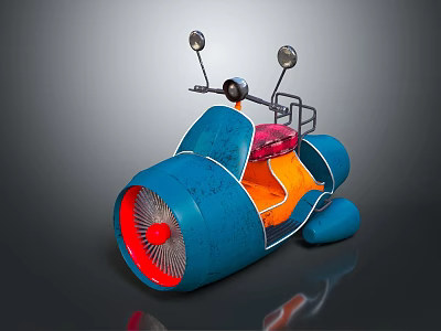 Unique Blue Motorcycle Featuring Red Seat Large Front Wheel And Mirrors 3d model