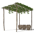 Outdoor Pergola Covered With Lush Green Vines And Decorative Clay Pots