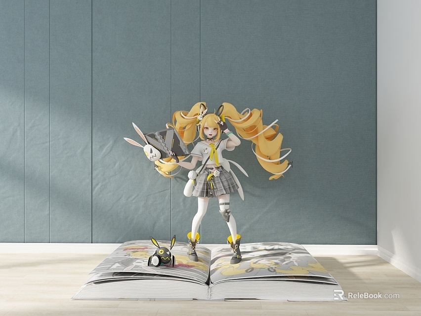 Blonde Twin Tails Figurine in School Uniform Holding Rabbit Standing on Open Book Gray Wall 3d model 