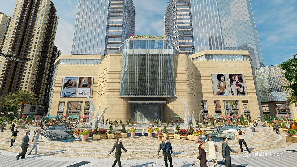 Modern Commercial Complex Featuring Glass Curtain Wall Entrance Tall Buildings Plaza Pedestrians Billboards and Fountains 3d model 