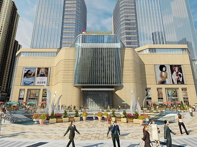 Modern Commercial Complex Featuring Glass Curtain Wall Entrance Tall Buildings Plaza Pedestrians Billboards and Fountains 3d model