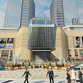 Modern Commercial Complex Featuring Glass Curtain Wall Entrance Tall Buildings Plaza Pedestrians Billboards and Fountains