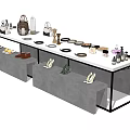 Modern Display Shelves with White Countertop and Gray Base Showcasing Bags Shoes Cosmetics and Accessories