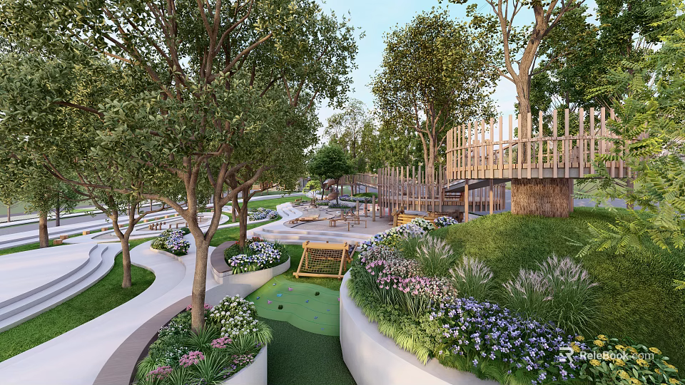 Lush Park Landscape With Winding Paths Trees Flower Beds Green Lawn And Wooden Playground 3d model 