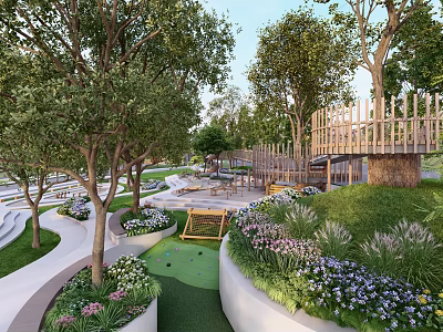 Lush Park Landscape With Winding Paths Trees Flower Beds Green Lawn And Wooden Playground 3d model