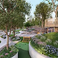 Lush Park Landscape With Winding Paths Trees Flower Beds Green Lawn And Wooden Playground