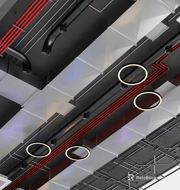 Industrial Ceiling Design With Geometric Panels Circular Lights And Pipes 3d model 