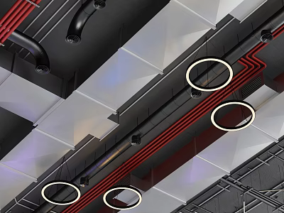 Industrial Ceiling Design With Geometric Panels Circular Lights And Pipes 3d model