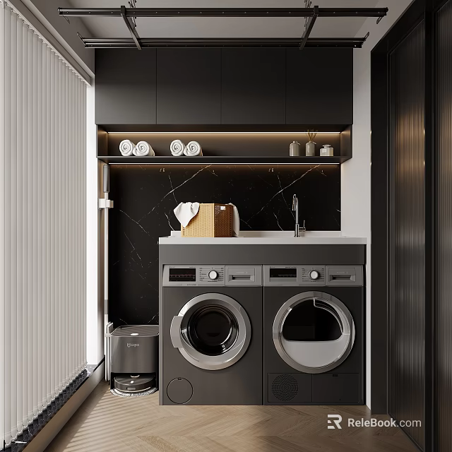 Modern Home Balcony Interior With Washing Machine Dryer And Storage Cabinets 3d model 