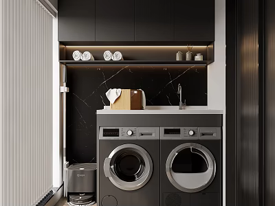 Modern Home Balcony Interior With Washing Machine Dryer And Storage Cabinets 3d model