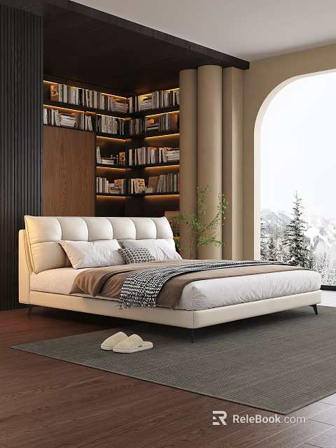 Modern Upholstered Double Bed with White Headboard Wooden Bookshelf Arched Window and Snowy Mountain View 3d model 