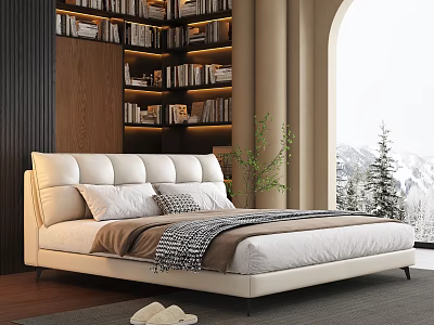 Modern Upholstered Double Bed with White Headboard Wooden Bookshelf Arched Window and Snowy Mountain View 3d model