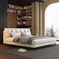 Modern Upholstered Double Bed with White Headboard Wooden Bookshelf Arched Window and Snowy Mountain View