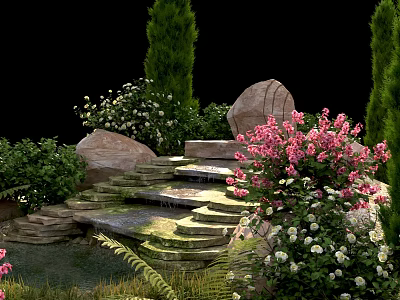 Lush Garden Bushes With Pink White Flowers Stone Steps And Rocks 3d model