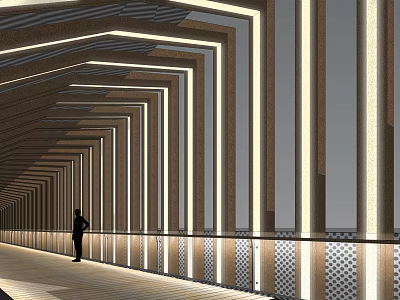 Illuminated Modern Bridge Featuring Linear Architectural Structure Wooden Deck And Person Standing 3d model
