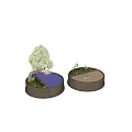 Bonsai Grass And Small Stones In Round Pots With Miniature Water Stream Decorative Garden