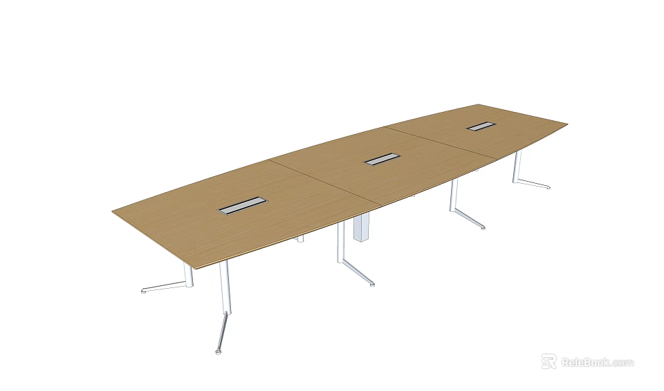 Modern Wooden Long Rectangular Conference Table With Cable Holes And Metal Legs 3d model 
