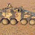 Armored Wheeled Military Tank With Camouflage Paint And Turret Cannon In Desert