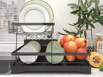 Functional Bathroom Cabinet Rack With Stacked Plates Cups Fresh Fruits And Potted Plant 3d model