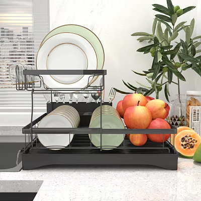 Functional Bathroom Cabinet Rack With Stacked Plates Cups Fresh Fruits And Potted Plant 3d model