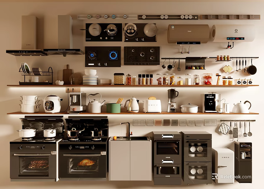 Modern Kitchen Interior Featuring Well Organized Storage Shelves Hanging Cookware And Appliances 3d model 