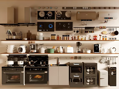 Modern Kitchen Interior Featuring Well Organized Storage Shelves Hanging Cookware And Appliances 3d model