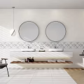 Modern Minimalist Bathroom Vanity With Double Round Mirrors Geometric Patterned Tiles And Natural Light