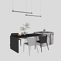 Modern Black Dining Table Set With White Black Chairs Marble Side Cabinet And Pendant Lights