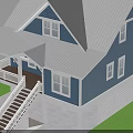 Blue House With White Roof Front Porch Staircase Green Lawn And Gray Ground