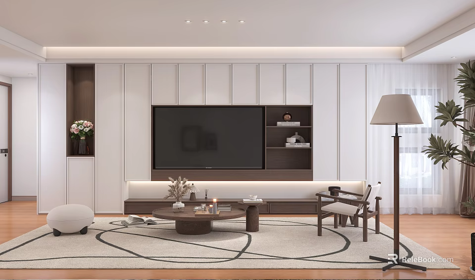 Modern Living Room Interior With TV Wall Sofa Coffee Table Floor Lamp And Area Rug 3d model 