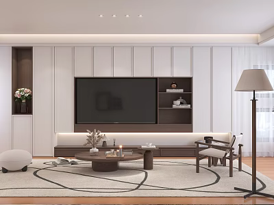 Modern Living Room Interior With TV Wall Sofa Coffee Table Floor Lamp And Area Rug 3d model
