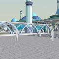 Scenic Mosque Architecture On Water With Blue Domes And White Minarets