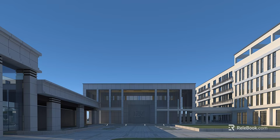 Modern School Building With Glass Facade Symmetrical Structure And Open Plaza Under Blue Sky 3d model 