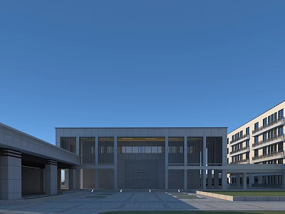 Modern School Building With Glass Facade Symmetrical Structure And Open Plaza Under Blue Sky 3d model