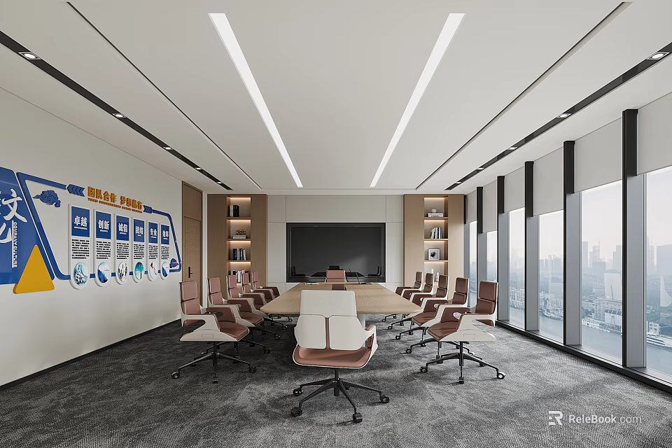 Modern Conference Room With Large Meeting Table Big Screen Comfortable Chairs And Floor To Ceiling Windows 3d model 