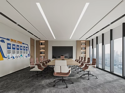 Modern Conference Room With Large Meeting Table Big Screen Comfortable Chairs And Floor To Ceiling Windows 3d model