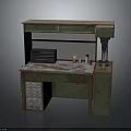 Vintage Workbench Furniture With Green Beige Finish Drawers Cabinet Countertop And Drill Press On Top