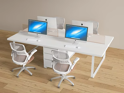 White Office Desk With Two Computer Monitors Dividers Drawer Cabinet And Mesh Office Chairs 3d model