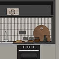 Minimalist Modern Kitchen Interior With Bricked Backsplash Wooden Cutting Board Glass Jars And Clay Jars