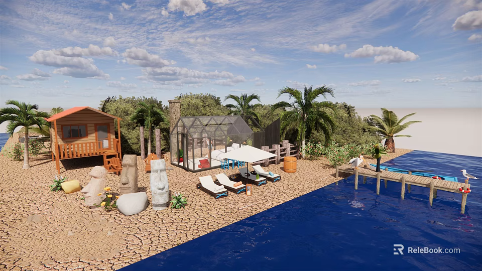 Tranquil Wooden Cabin With Palm Trees Swimming Pool Sun Loungers And Outdoor Area 3d model 