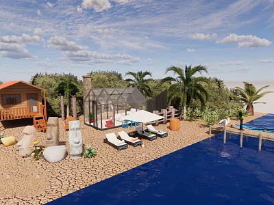 Tranquil Wooden Cabin With Palm Trees Swimming Pool Sun Loungers And Outdoor Area 3d model