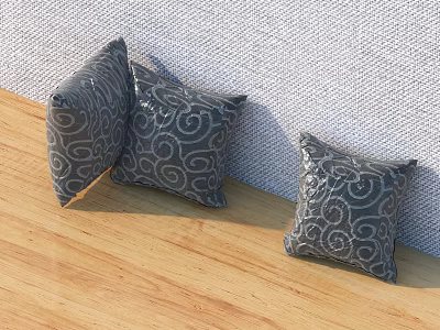 Three Gray Pillows With White Swirl Patterns On Wooden Floor And Light Wall 3d model