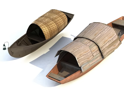 Two Traditional Wooden Boats With Covered Wooden Roofs And Natural Brown Hulls 3d model