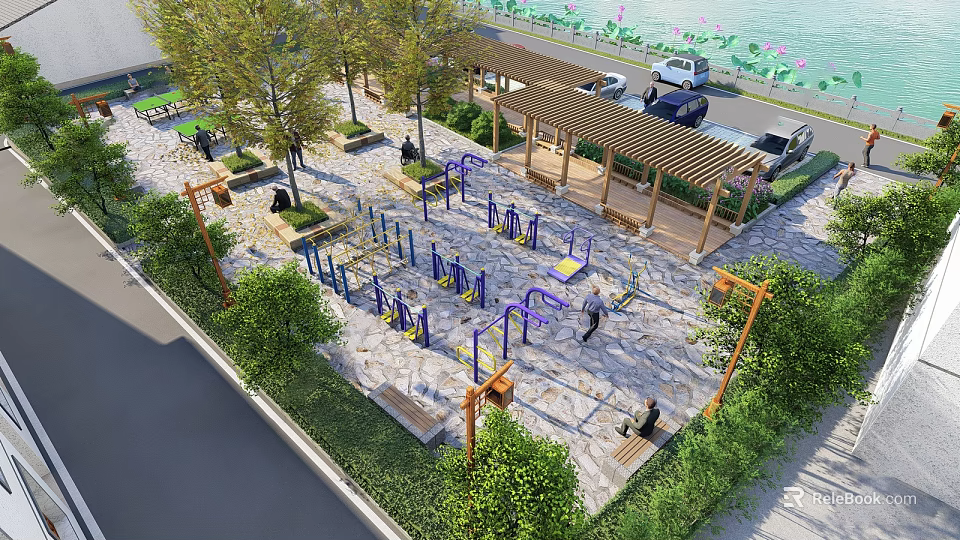 Tranquil Rural Outdoor Fitness Space With Pergola Trees Benches And Waterfront View 3d model 