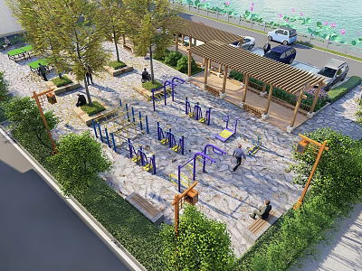 Tranquil Rural Outdoor Fitness Space With Pergola Trees Benches And Waterfront View 3d model