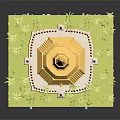 Yellow Pagoda 3D Model with Surrounding Palm Trees Green Base and Blue Spheres
