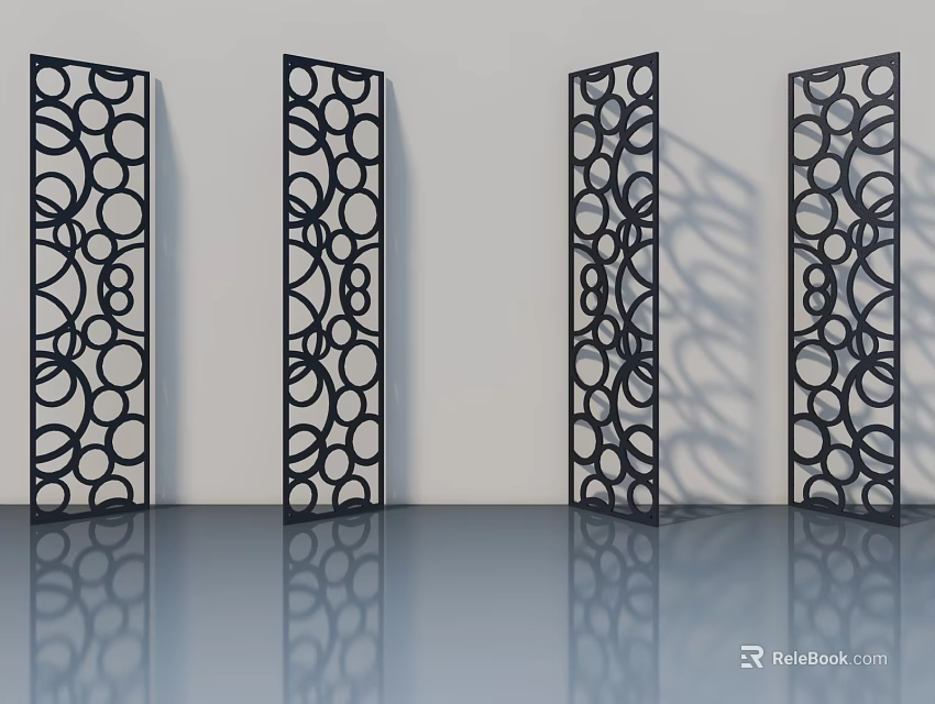Modern Black Swing Doors With Hollowed Circular Geometric Patterns And Reflective Floor 3d model 