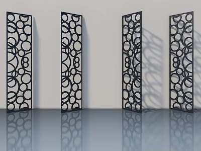 Modern Black Swing Doors With Hollowed Circular Geometric Patterns And Reflective Floor 3d model