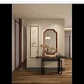 Chinese Style Entryway With Wooden Framed Mirror Hanging Lamp Bamboo Painting And Black Console Table